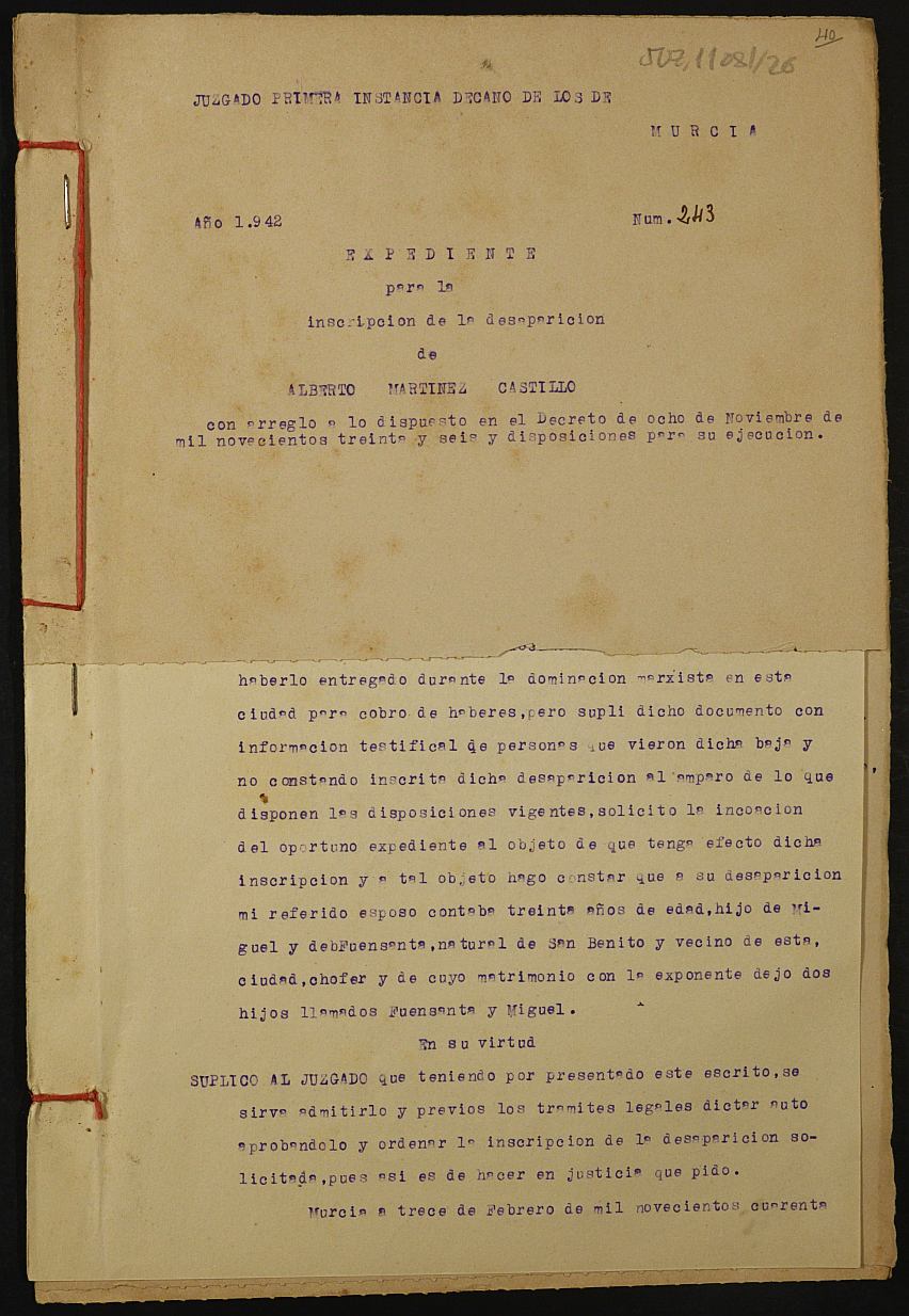 Expediente nº 243/1942 del Juzgado de Primera Instancia de Murcia para la inscripción en el Registro Civil por la defunción en el frente de Alberto Martínez Castillo.